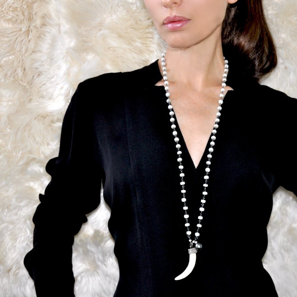 Diamond & White Sapphire Tahitian Horn Pendant/Necklace